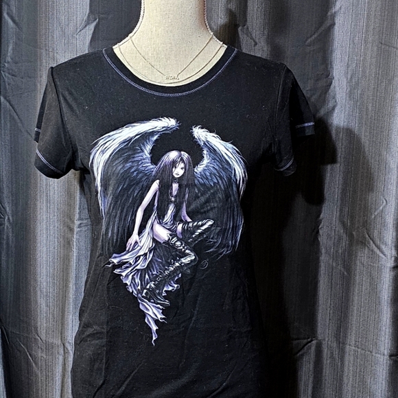 Fairy by Trick Vintage Y2k Goth Fairy Women's Black Angel Graphic Tee - Picture 4 of 8
